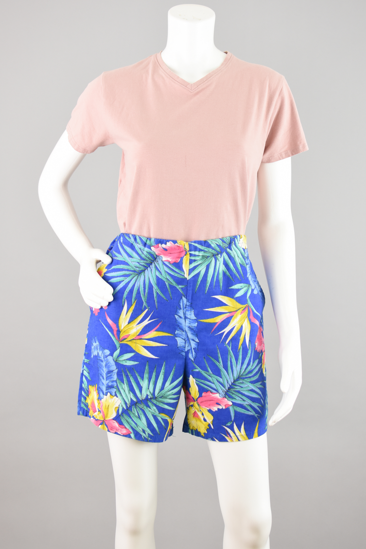 80s Blue Tropical Floral Shorts, Unisex Medium 32 - 34"