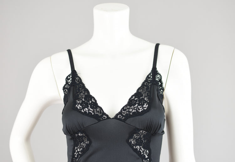 Vintage Black Satin Floral Lace Teddy Lingerie, Women's Small