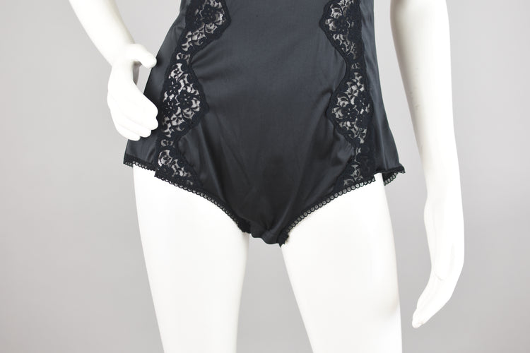 Vintage Black Satin Floral Lace Teddy Lingerie, Women's Small