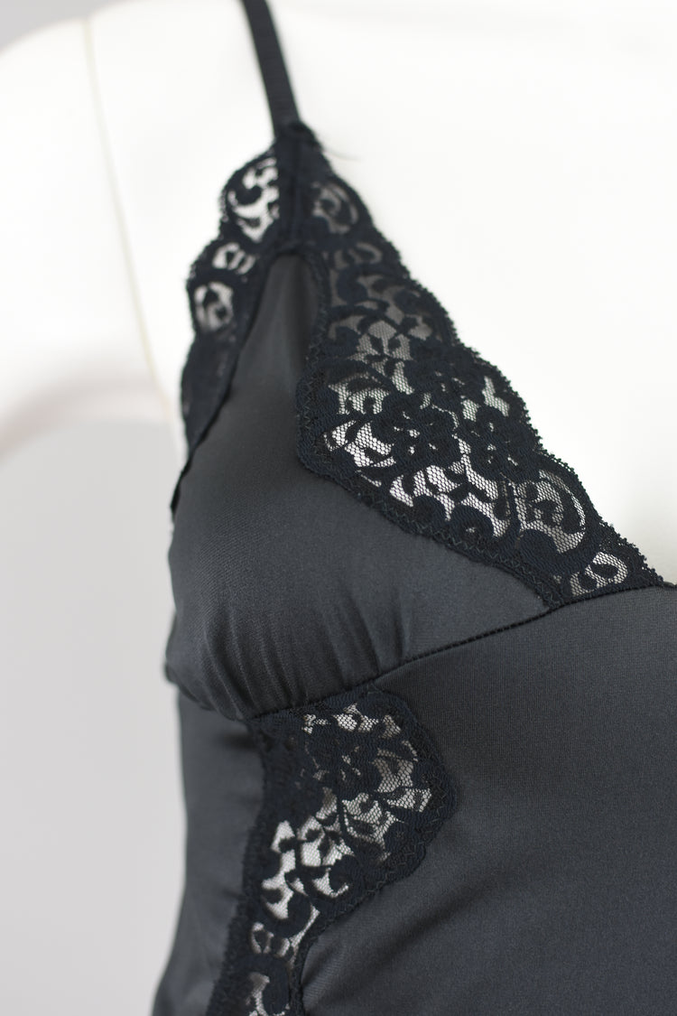 Vintage Black Satin Floral Lace Teddy Lingerie, Women's Small