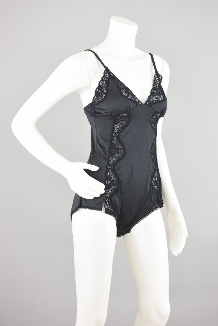 Vintage Black Satin Floral Lace Teddy Lingerie, Women's Small