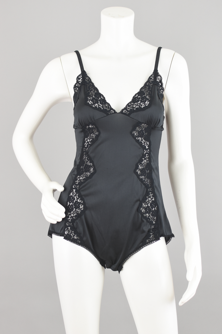 Vintage Black Satin Floral Lace Teddy Lingerie, Women's Small