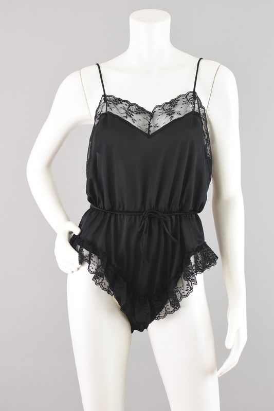 Vintage Black Satin One Piece Floral Teddy Lingerie, Women's Medium