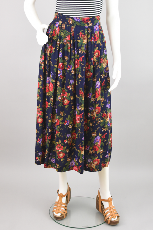 80s Pleated Purple High Waisted Floral Maxi, Women's 30" Waist