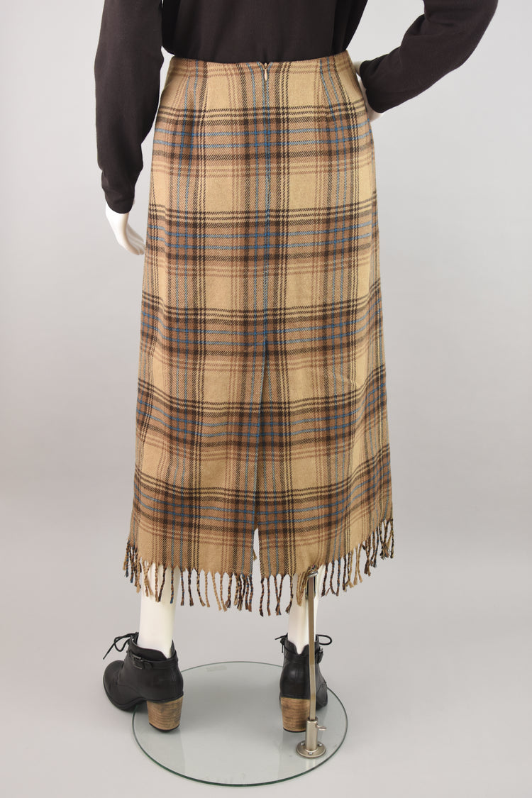 90s Brown Plaid Wool Blend Blanket Skirt with Fringe Women's Size 10, 28" Waistline