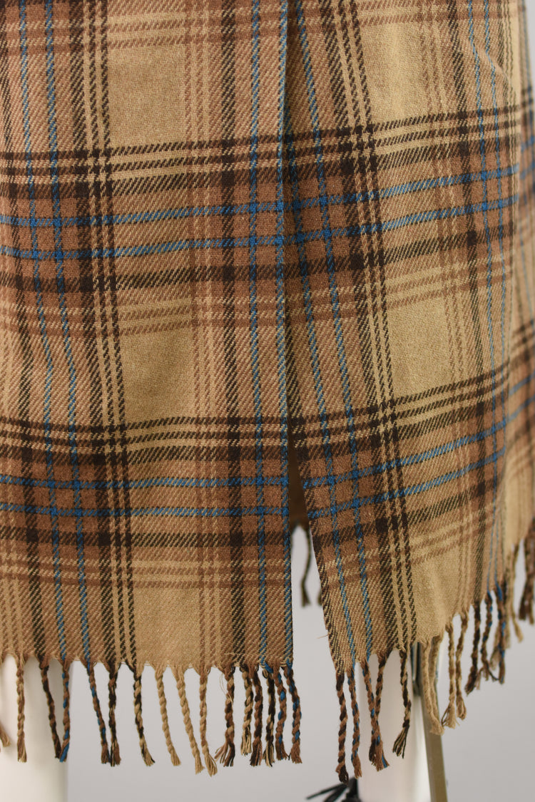 90s Brown Plaid Wool Blend Blanket Skirt with Fringe Women's Size 10, 28" Waistline