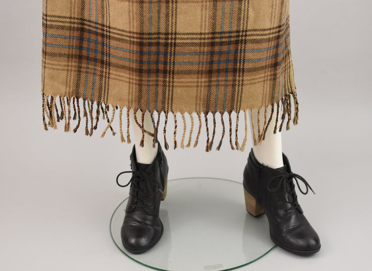 90s Brown Plaid Wool Blend Blanket Skirt with Fringe Women's Size 10, 28" Waistline