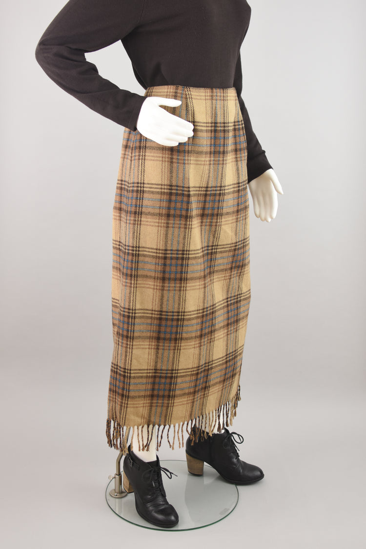 90s Brown Plaid Wool Blend Blanket Skirt with Fringe Women's Size 10, 28" Waistline