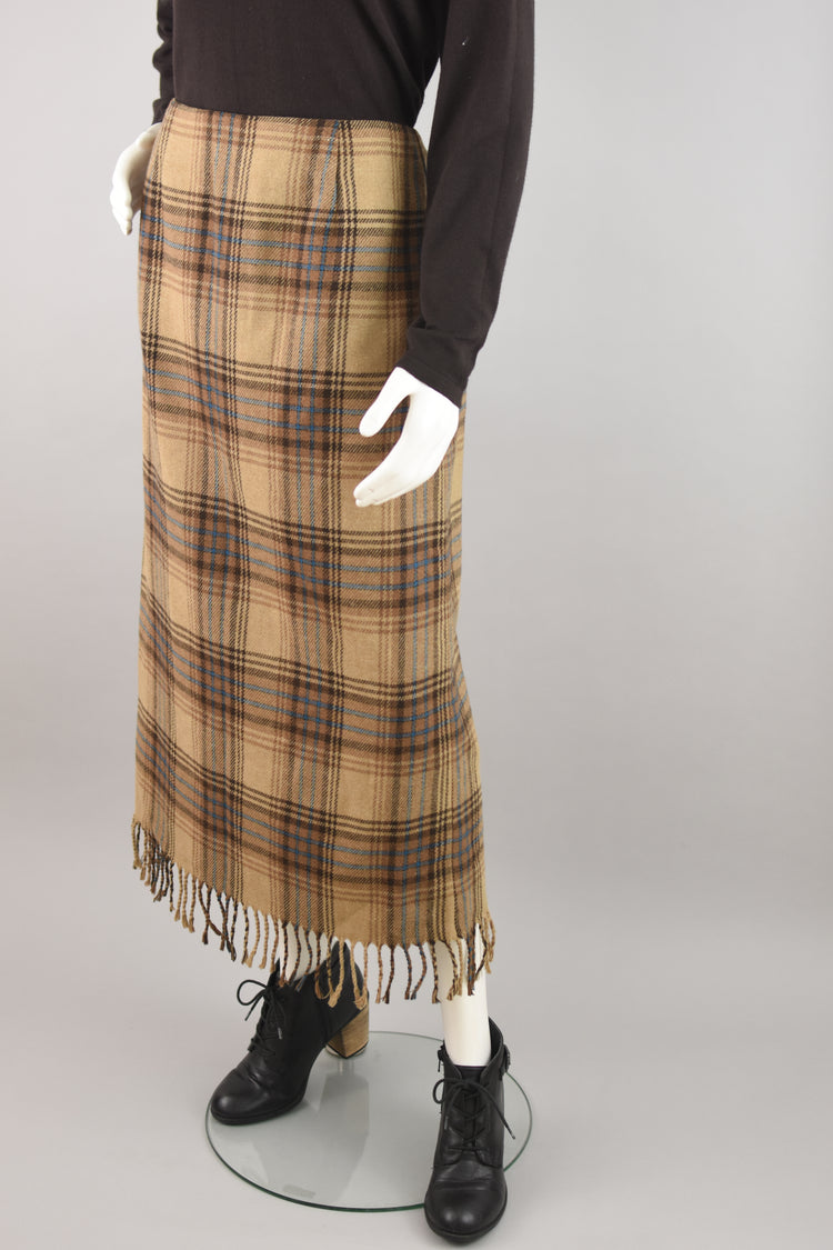 90s Brown Plaid Wool Blend Blanket Skirt with Fringe Women's Size 10, 28" Waistline