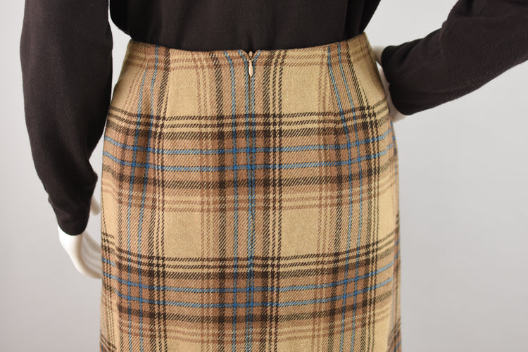 90s Brown Plaid Wool Blend Blanket Skirt with Fringe Women's Size 10, 28" Waistline