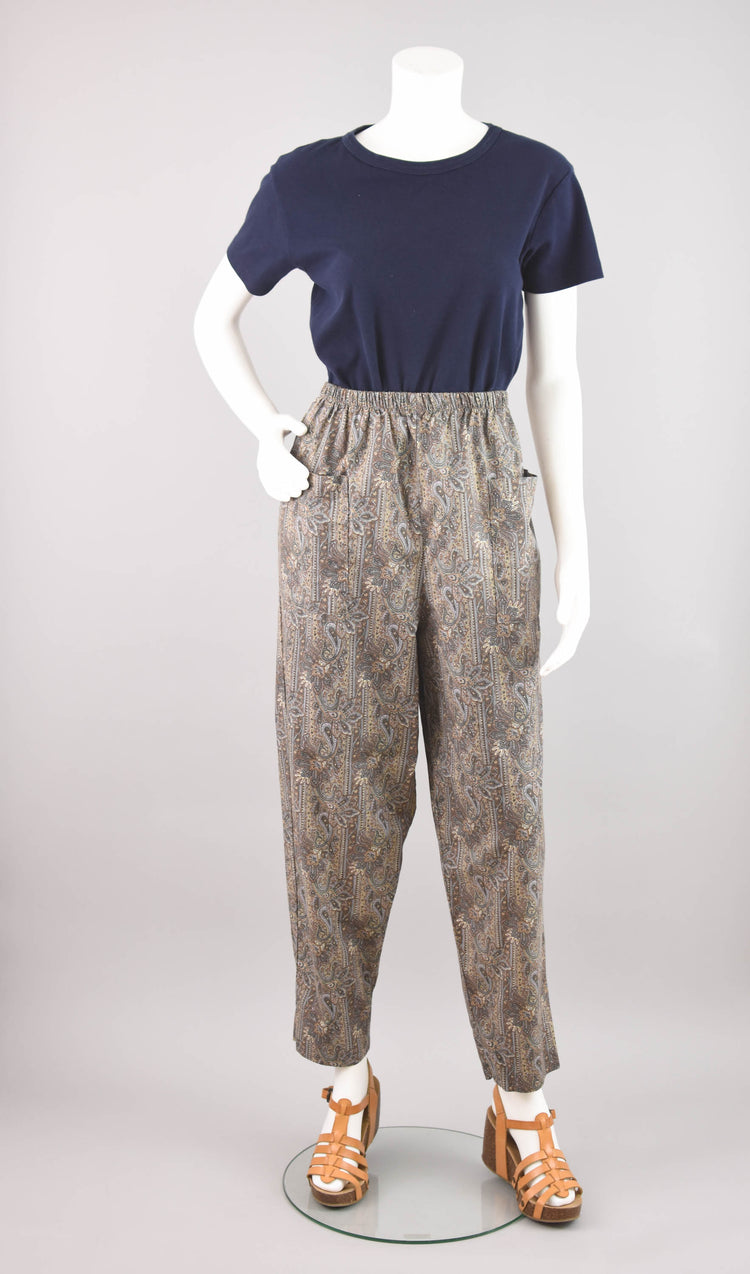 Vintage Brown Paisley Print Easy Pants, Women's Large