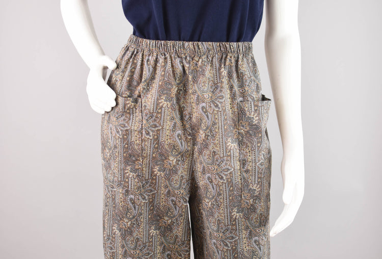 Vintage Brown Paisley Print Easy Pants, Women's Large