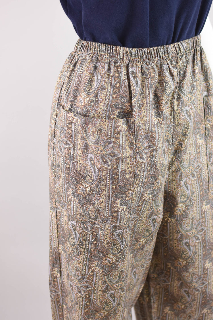 Vintage Brown Paisley Print Easy Pants, Women's Large