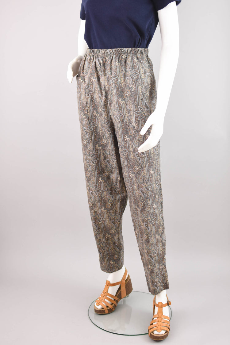 Vintage Brown Paisley Print Easy Pants, Women's Large