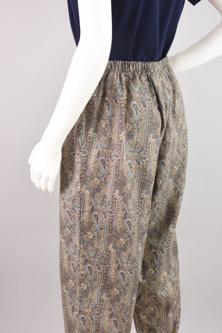 Vintage Brown Paisley Print Easy Pants, Women's Large