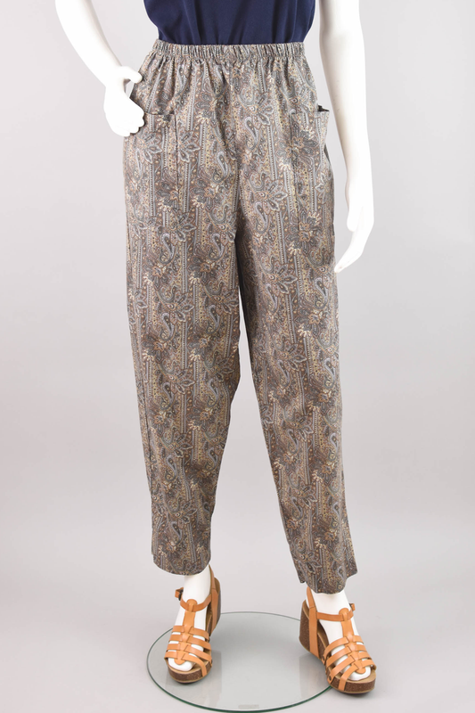 Vintage Brown Paisley Print Easy Pants, Women's Large