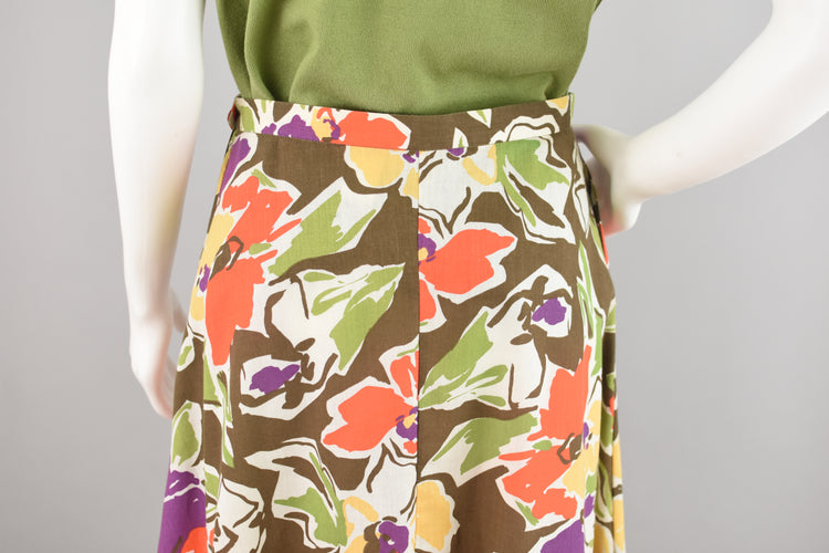 60s Colorful Modern Floral A-line Skirt, Women's 28" Waist