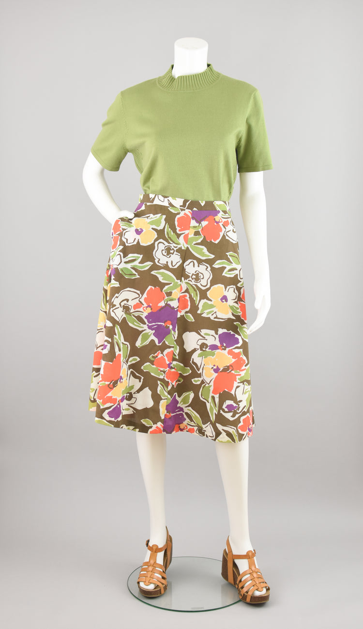 60s Colorful Modern Floral A-line Skirt, Women's 28" Waist