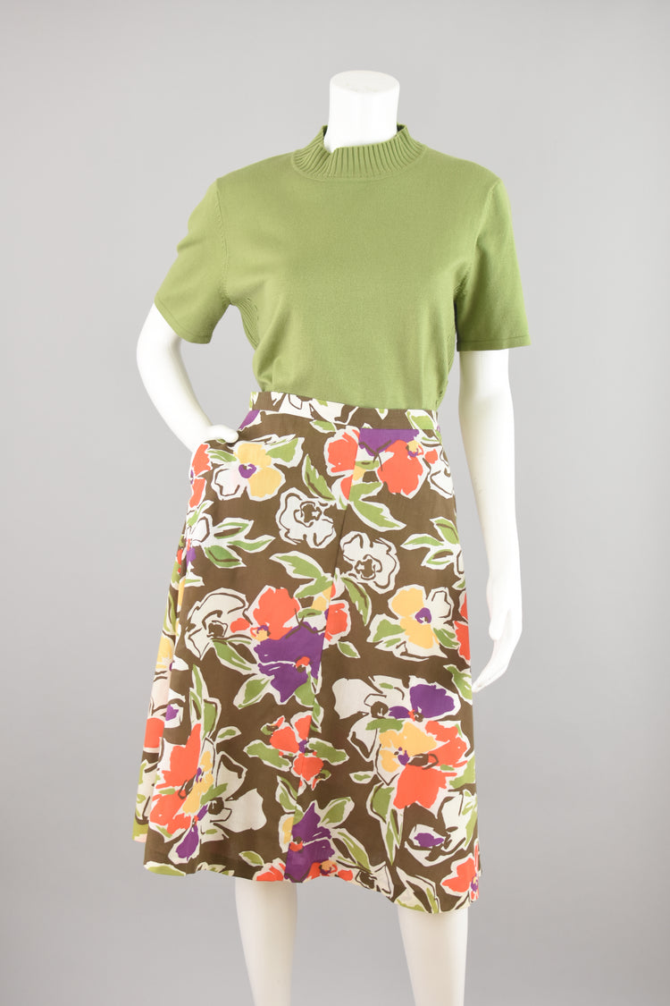 60s Colorful Modern Floral A-line Skirt, Women's 28" Waist