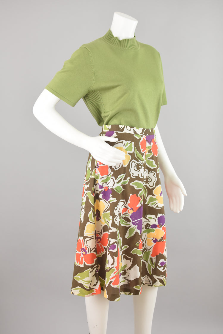 60s Colorful Modern Floral A-line Skirt, Women's 28" Waist