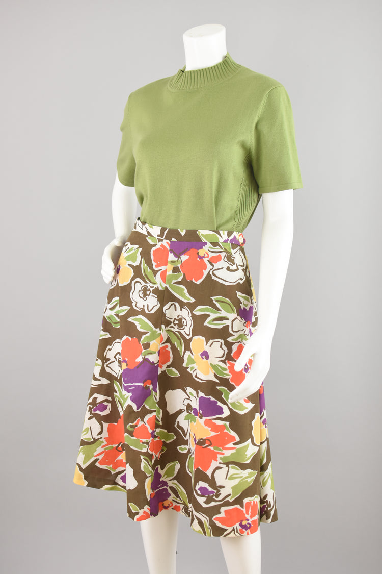 60s Colorful Modern Floral A-line Skirt, Women's 28" Waist