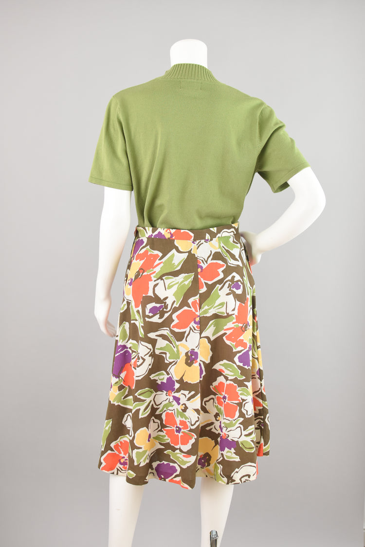 60s Colorful Modern Floral A-line Skirt, Women's 28" Waist