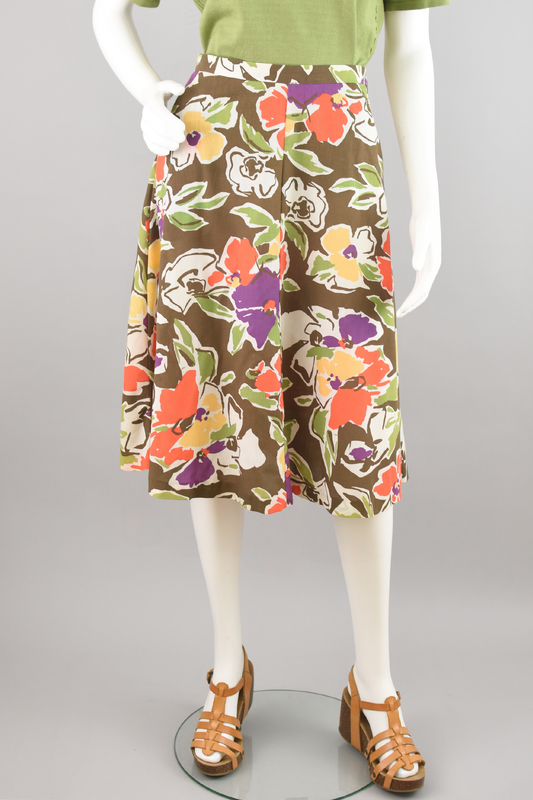 60s Colorful Modern Floral A-line Skirt, Women's 28" Waist