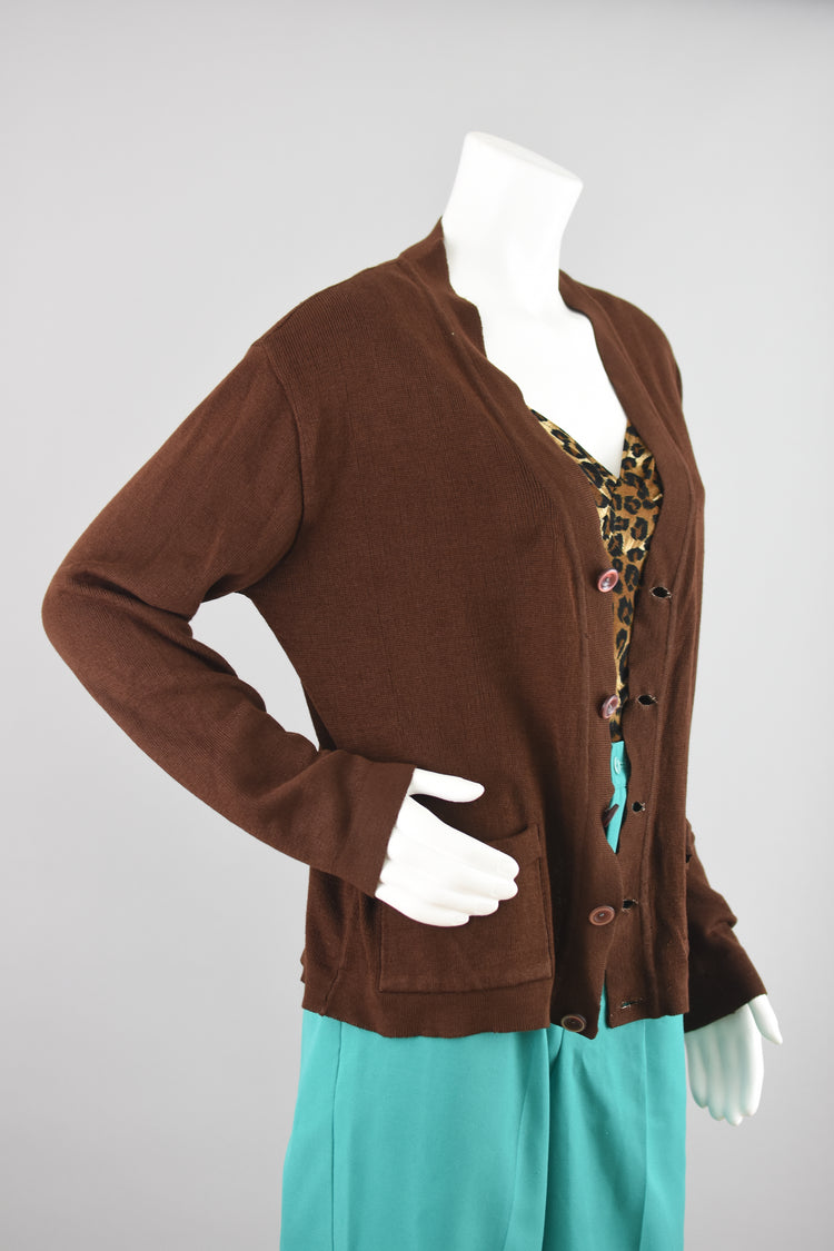 60s Brown Grandpa Cardigan with Pockets, Unisex Medium