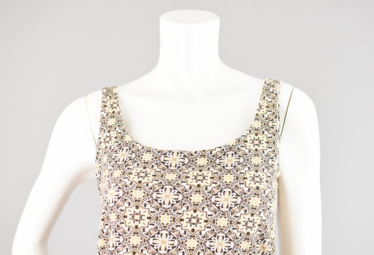 Y2K Brown Geometric Print Tank Top with Shelf Bra, Women's Small