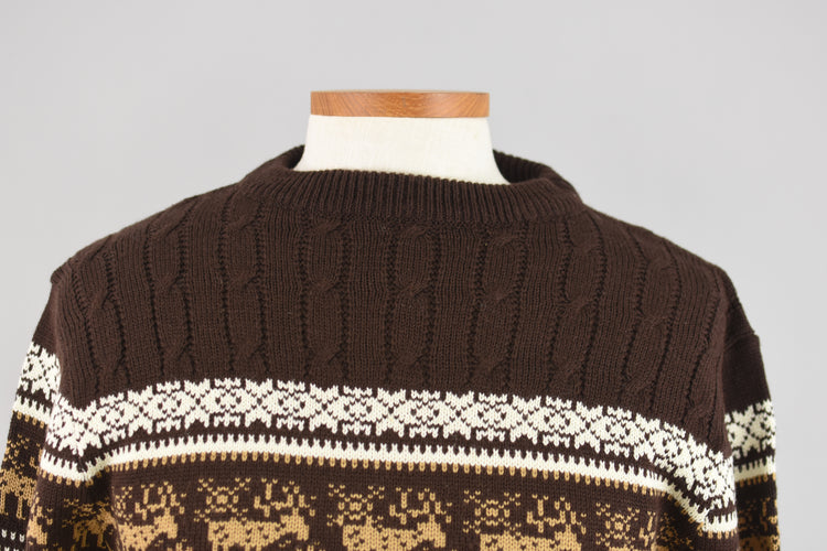 70s Brown Cabincore Ski Sweater with Moose, Men's Small - Medium