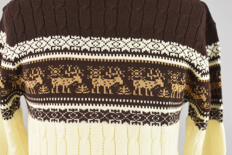 70s Brown Cabincore Ski Sweater with Moose, Men's Small - Medium