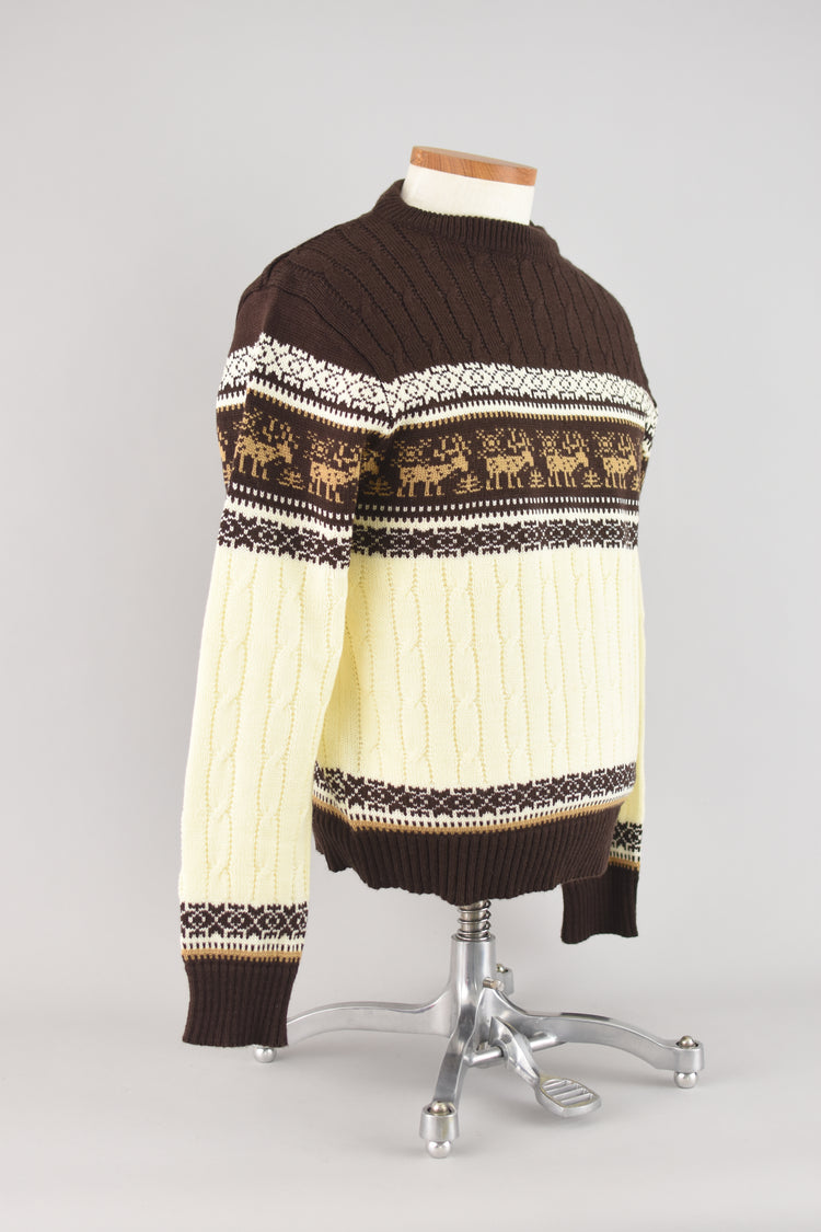 70s Brown Cabincore Ski Sweater with Moose, Men's Small - Medium