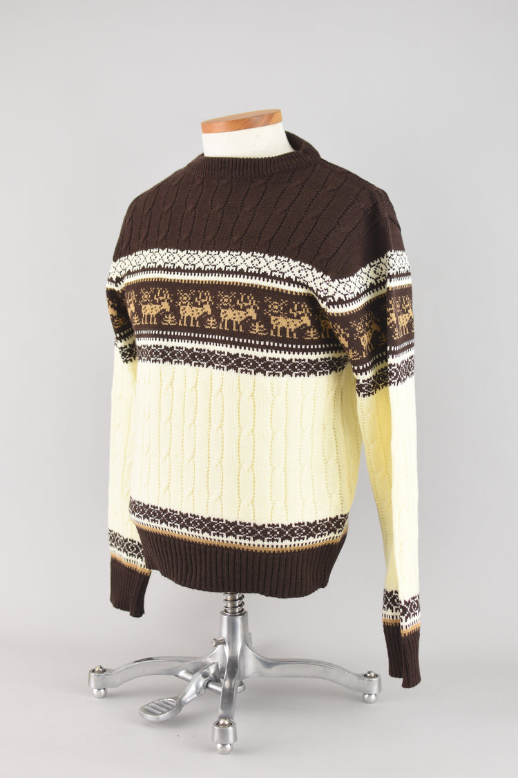 70s Brown Cabincore Ski Sweater with Moose, Men's Small - Medium