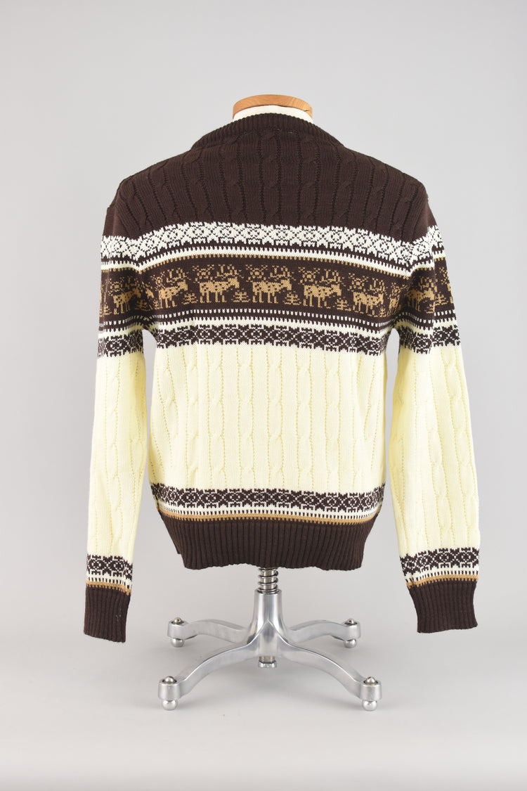 70s Brown Cabincore Ski Sweater with Moose, Men's Small - Medium