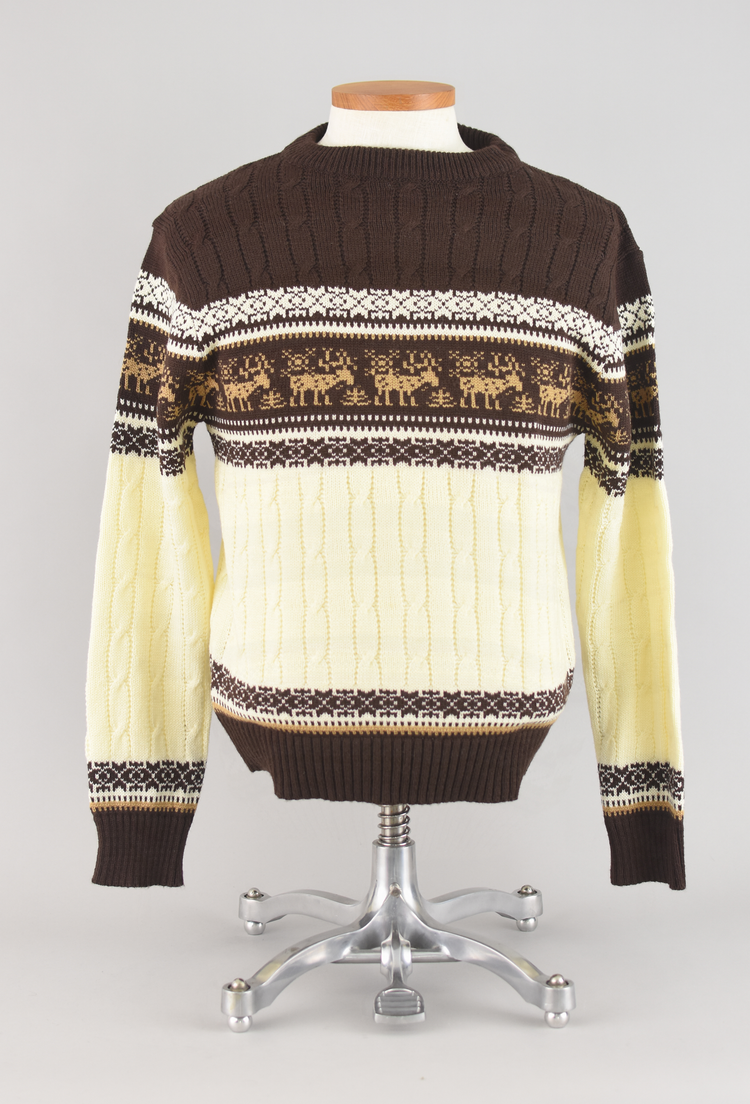 70s Brown Cabincore Ski Sweater with Moose, Men's Small - Medium