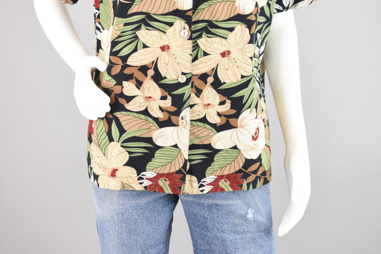 90s Black Tropical Floral Shirt, Women's Large