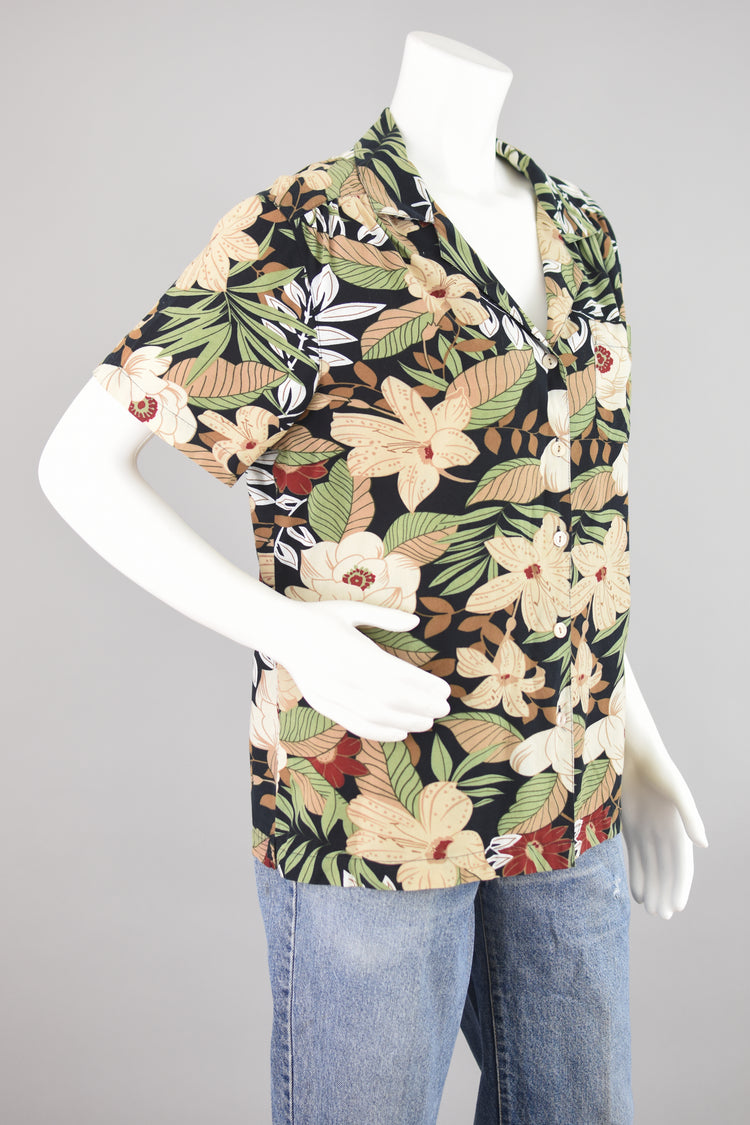 90s Black Tropical Floral Shirt, Women's Large