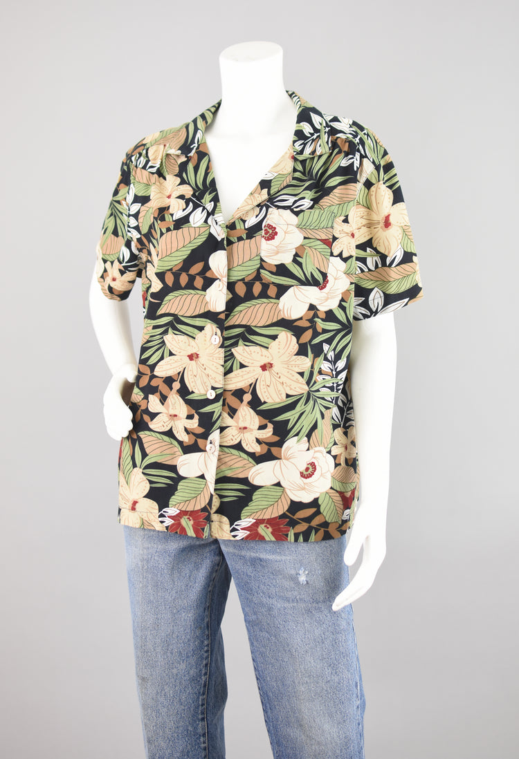 90s Black Tropical Floral Shirt, Women's Large