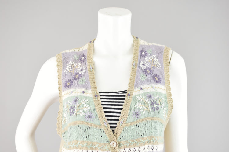 Vintage Embroidered Pastel Floral Crochet Sweater Vest, Women's Petite Medium