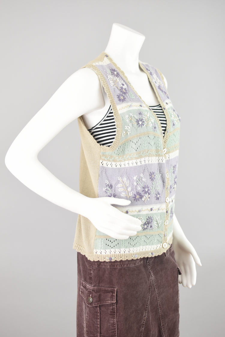 Vintage Embroidered Pastel Floral Crochet Sweater Vest, Women's Petite Medium