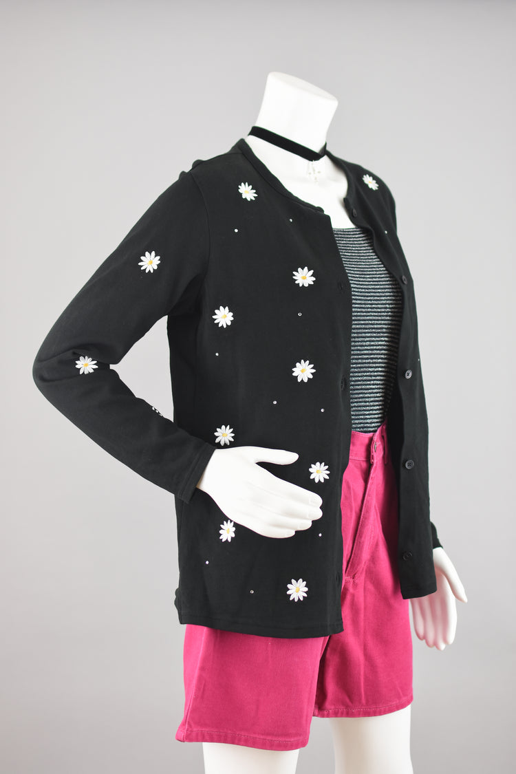 90s Black Daisy Cardigan Women's Extra Small