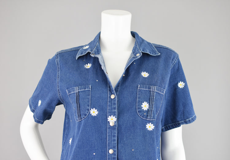 90s Embroidered Daisy Flowers Jean Dress Women's Small