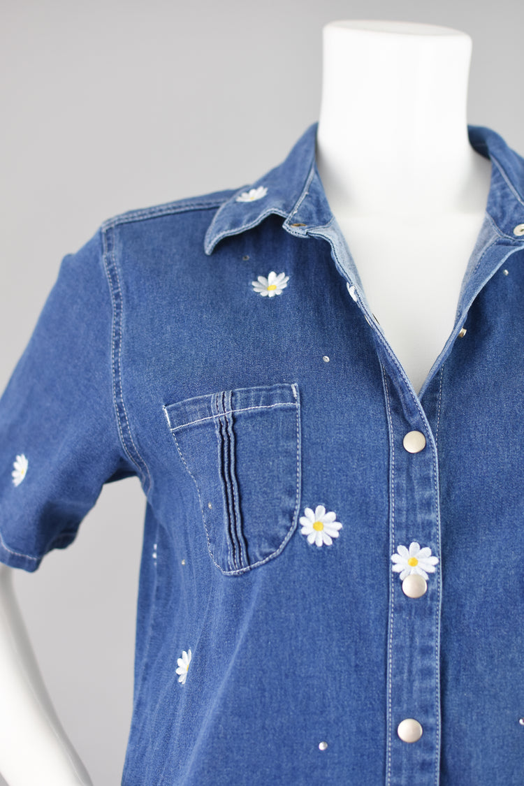 90s Embroidered Daisy Flowers Jean Dress Women's Small