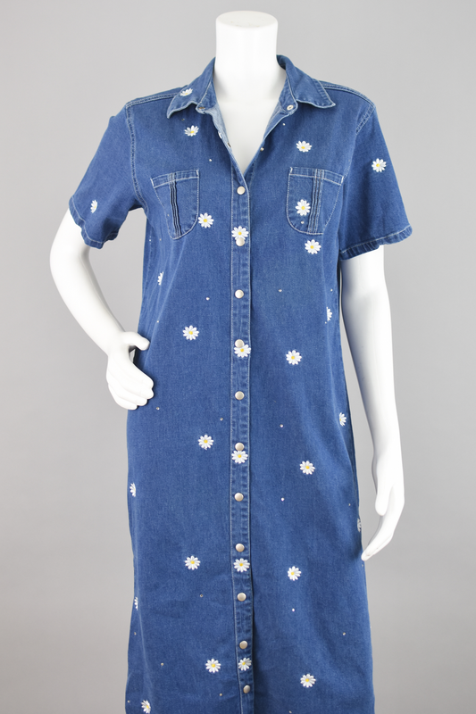 90s Embroidered Daisy Flowers Jean Dress Women's Small