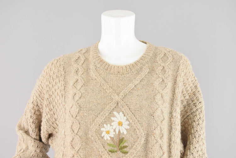 90s Oversized Wool Embroidered Floral Sweater, Women's Medium