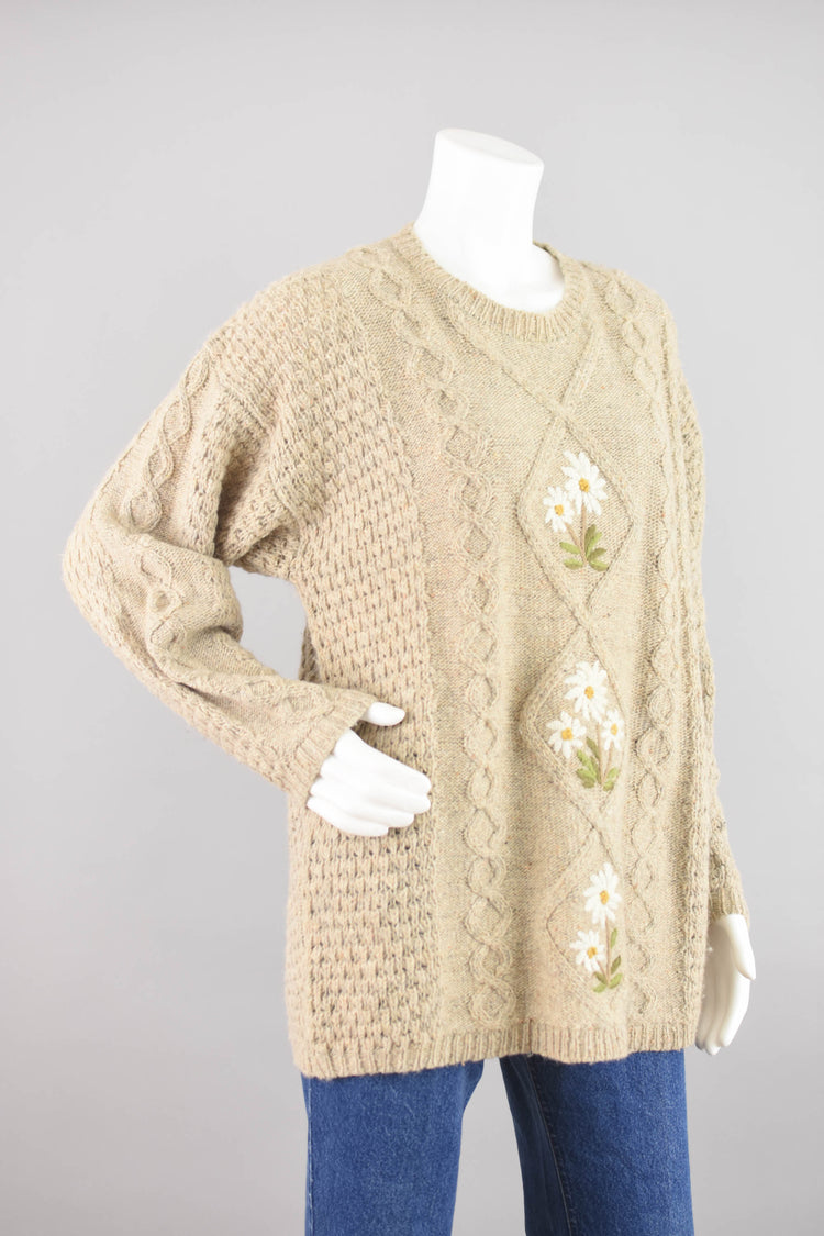 90s Oversized Wool Embroidered Floral Sweater, Women's Medium