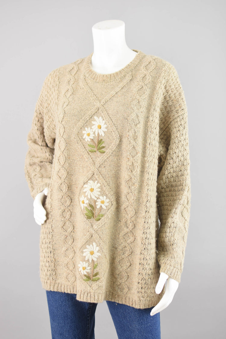 90s Oversized Wool Embroidered Floral Sweater, Women's Medium