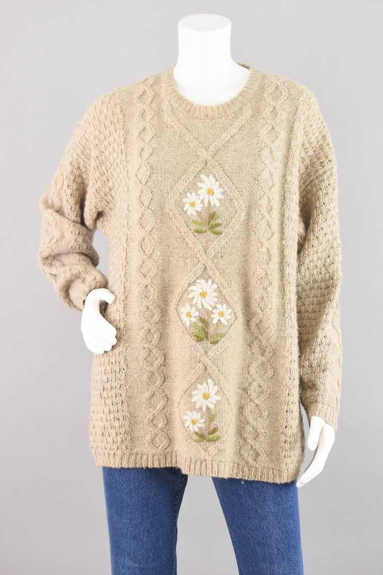 90s Oversized Wool Embroidered Floral Sweater, Women's Medium