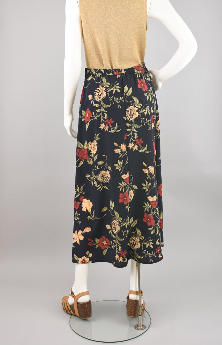 90s Dark Floral Flowy Midi Skirt, Women's Small, 28" Waist