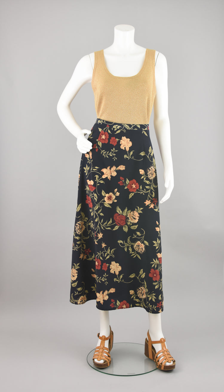 90s Dark Floral Flowy Midi Skirt, Women's Small, 28" Waist